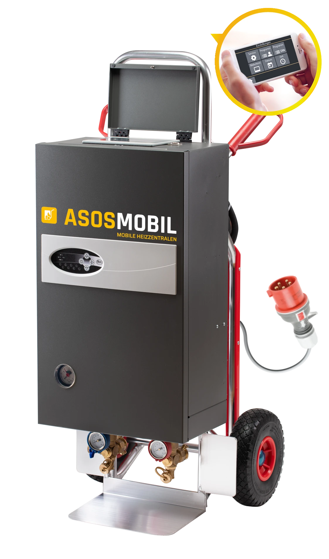 ASOSmobil mobile elektrische Heizzentrale auf Sackkarre mit CEE-Stecker &ndash; 32 kg, abgasfrei, Fernzugriff per Smartphone (WiFi-Modelle)